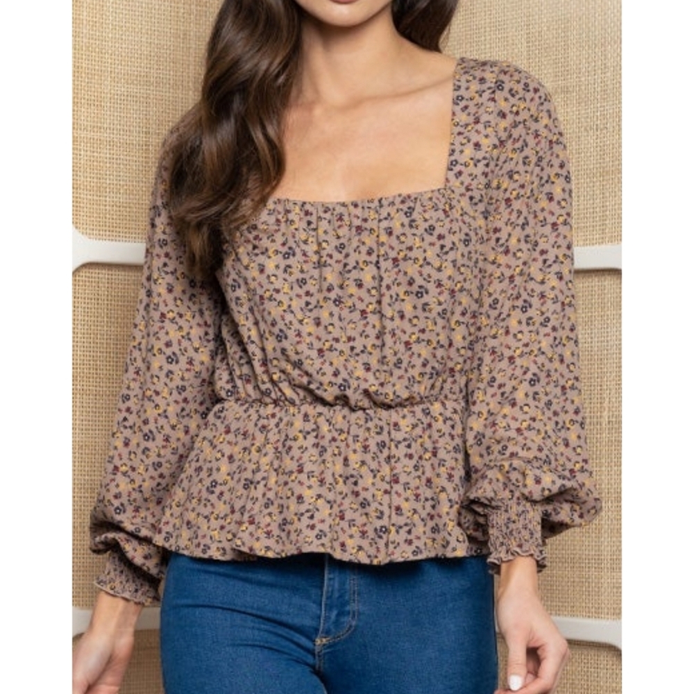 Light brown mocha smocked floral peasant long sleeve top square neck -LAST one
